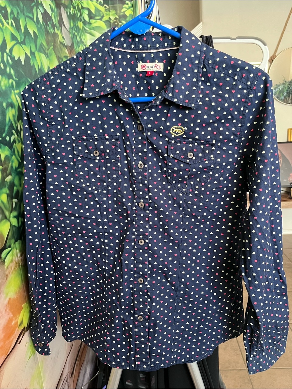 Ecko Unlimited Navy Blue Heart Print Button-Up Blouse